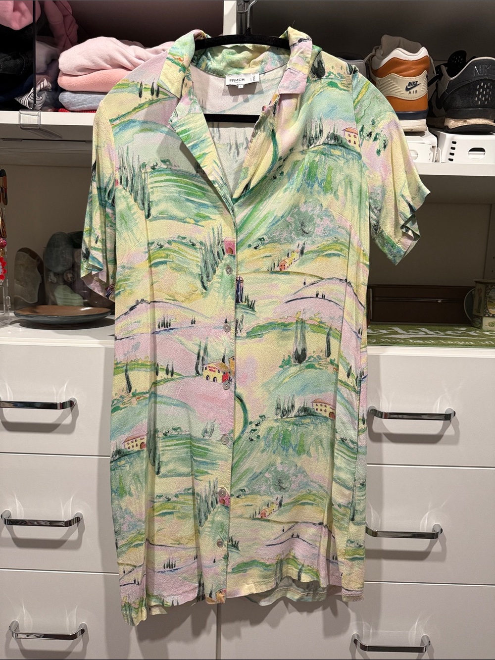 FRNCH Pastel Landscape Mini Dress - Green, Pink, Yellow